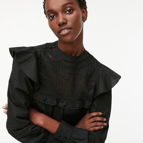 J. Crew Black Cotton Balloon Ruffle Sleeve Lace Yoke - Picture 2 of 3